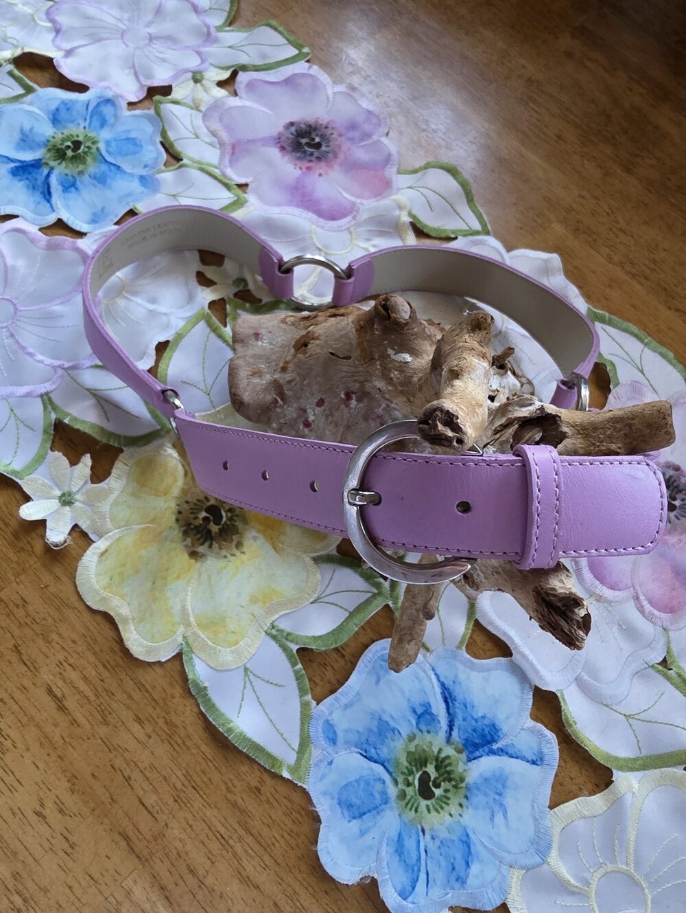 Vintage Ladies Genuine Leather Mauve Pink Belt W/ Decorative Metal O-Ring Links